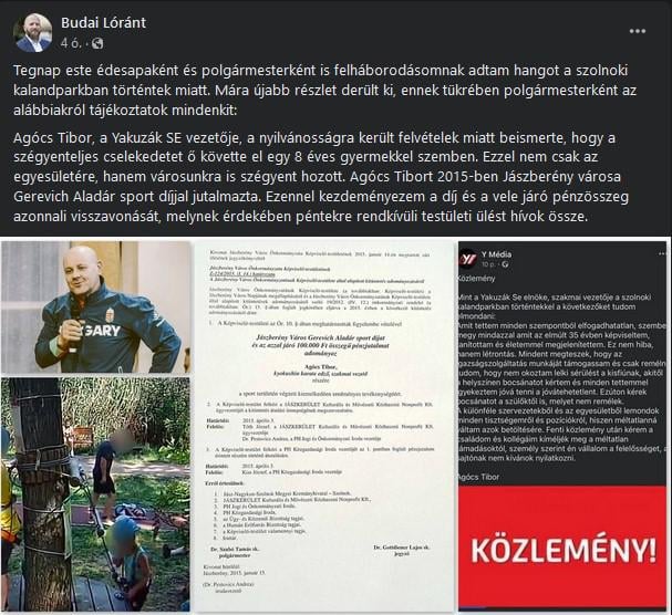 A jászberényi polgármester kezdeményezte a yakuzák SE Tiborjának 2015-ben adott díjának visszavonását.