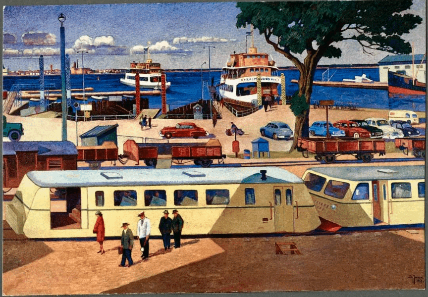 Oljemålning av Stig Jonzons - 1955 Färjestadens hamn, Öland