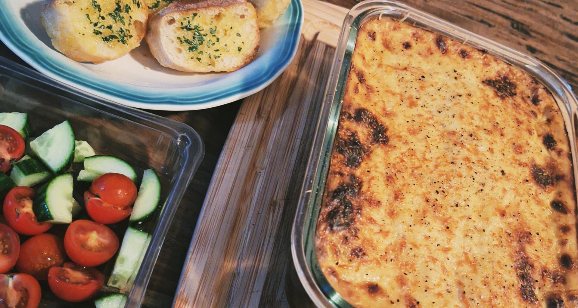 I was encouraged to post this here. Mousakka and Homemade Garlic Bread. YUM