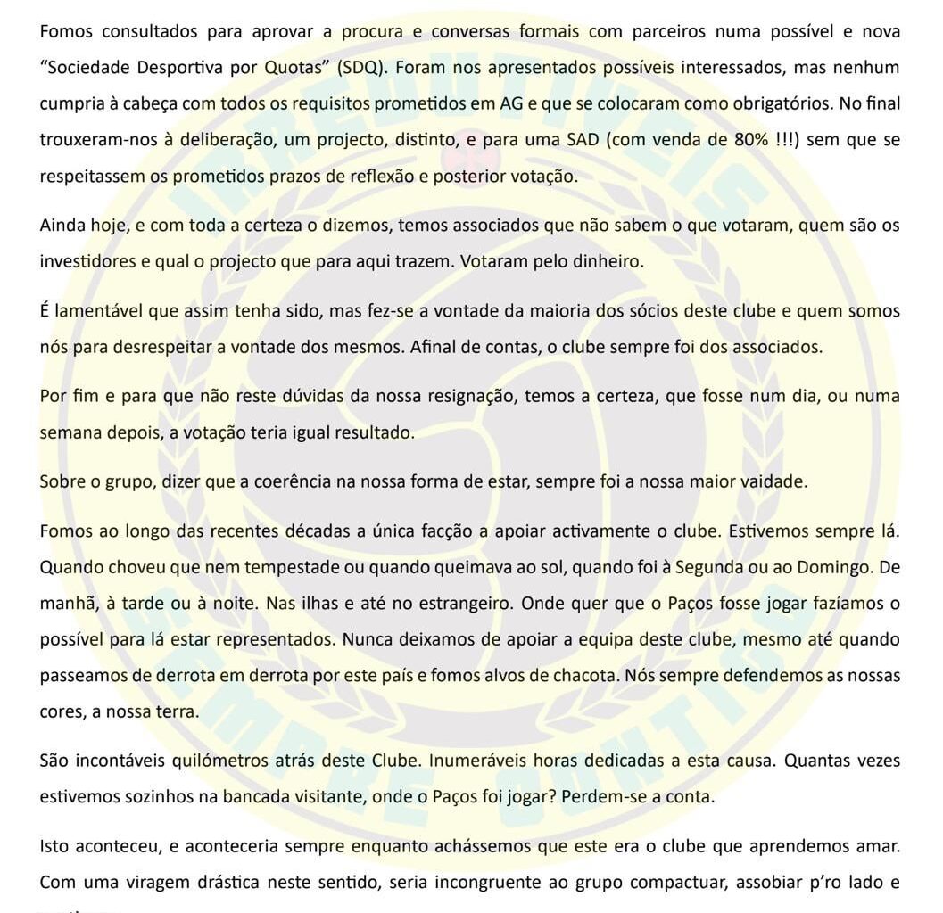Grupo de Sócios suspende apoio à equipa profissional do Paços de Ferreira