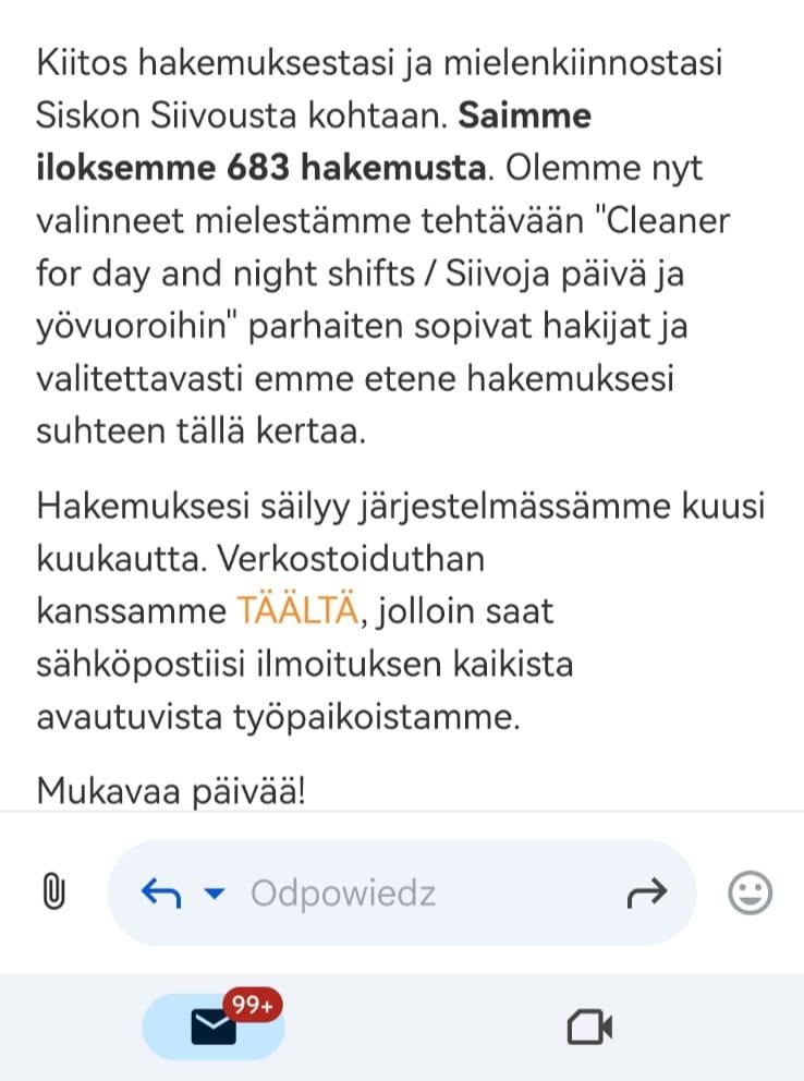 My friend applies for english speaking cleaning job in Tampere. Few applicants