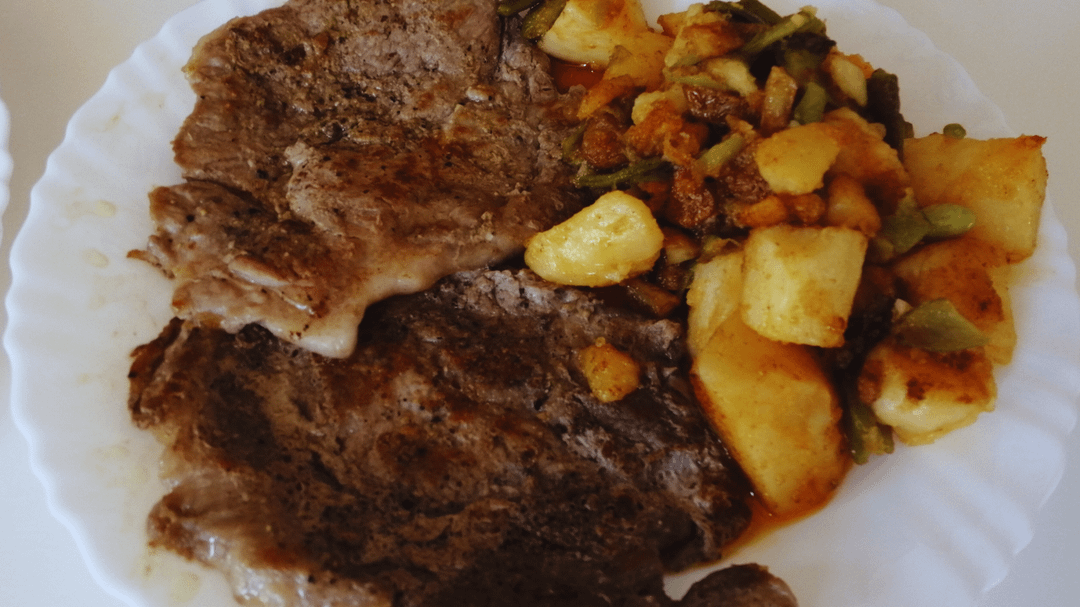 Leftover Boiled Potatoes with Pork Belly Steaks