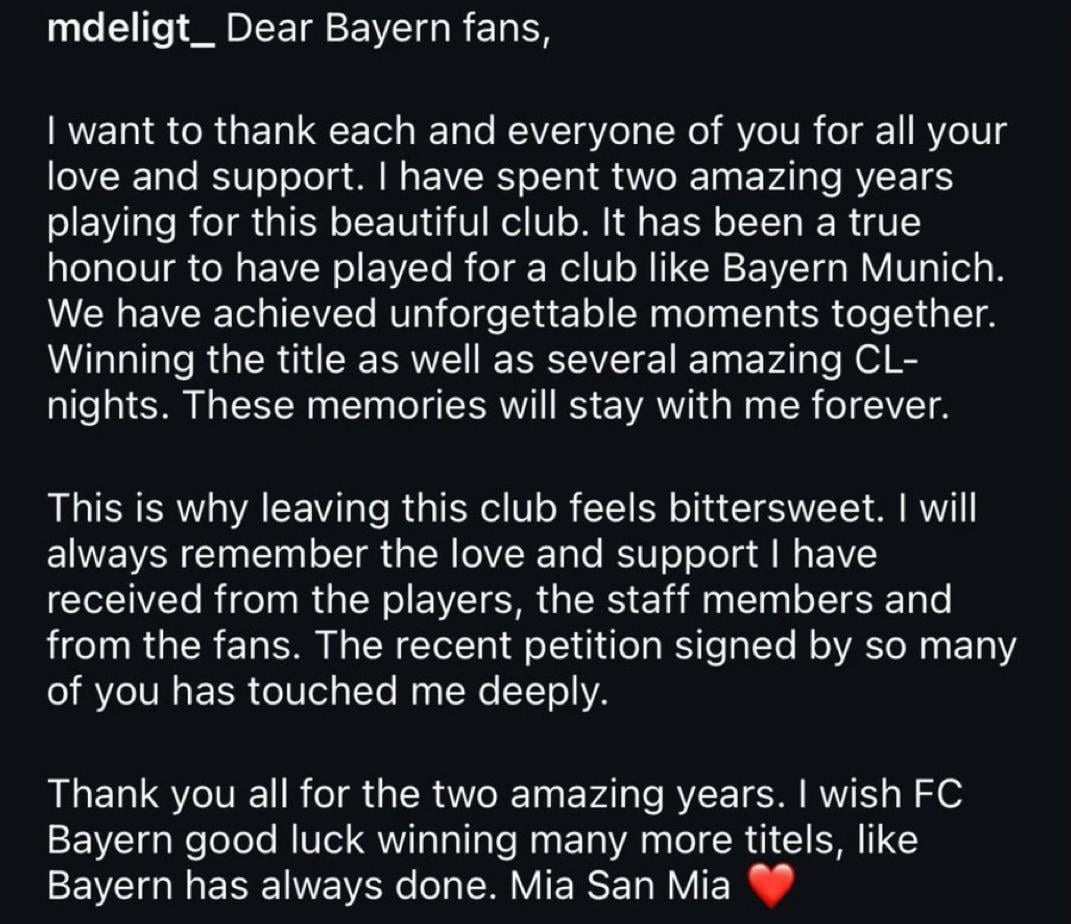 Matthijs De Ligt announces his departure from Bayern Munich.