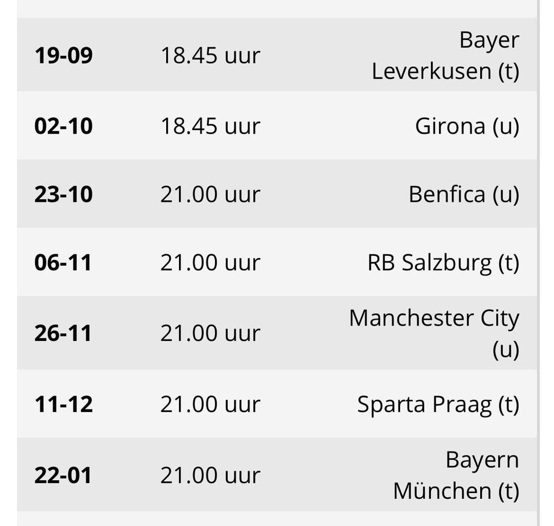 Champions League programma Feyenoord en PSV