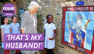 Cheerful Queen Admires School Mosaic of King Charles