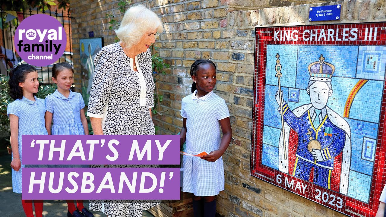 Cheerful Queen Admires School Mosaic of King Charles