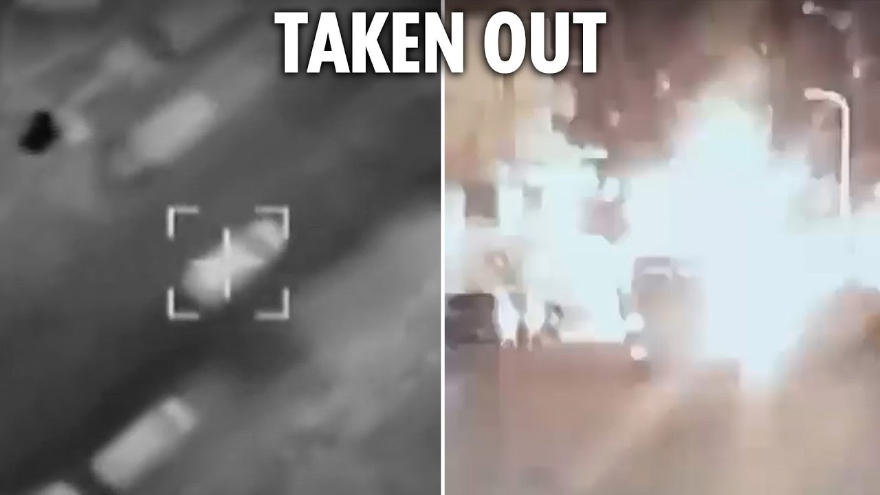 Moment two Hamas commanders are blasted by Israeli airstrike as they drive down street