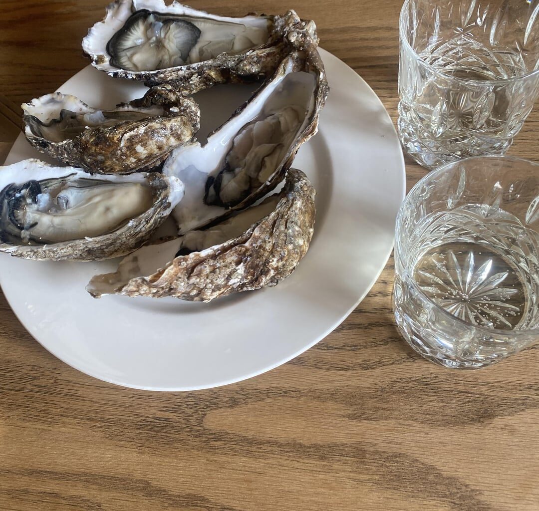 oysters, english sparkling wine, and two kinds of shrimp roll for our anniversary. all caught (🦐) or grown (🍇) within a few miles of us!