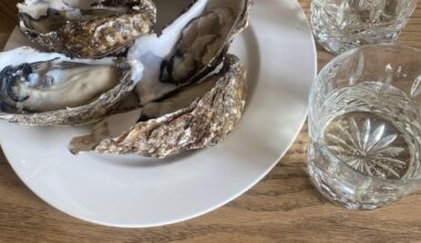 oysters, english sparkling wine, and two kinds of shrimp roll for our anniversary. all caught (🦐) or grown (🍇) within a few miles of us!
