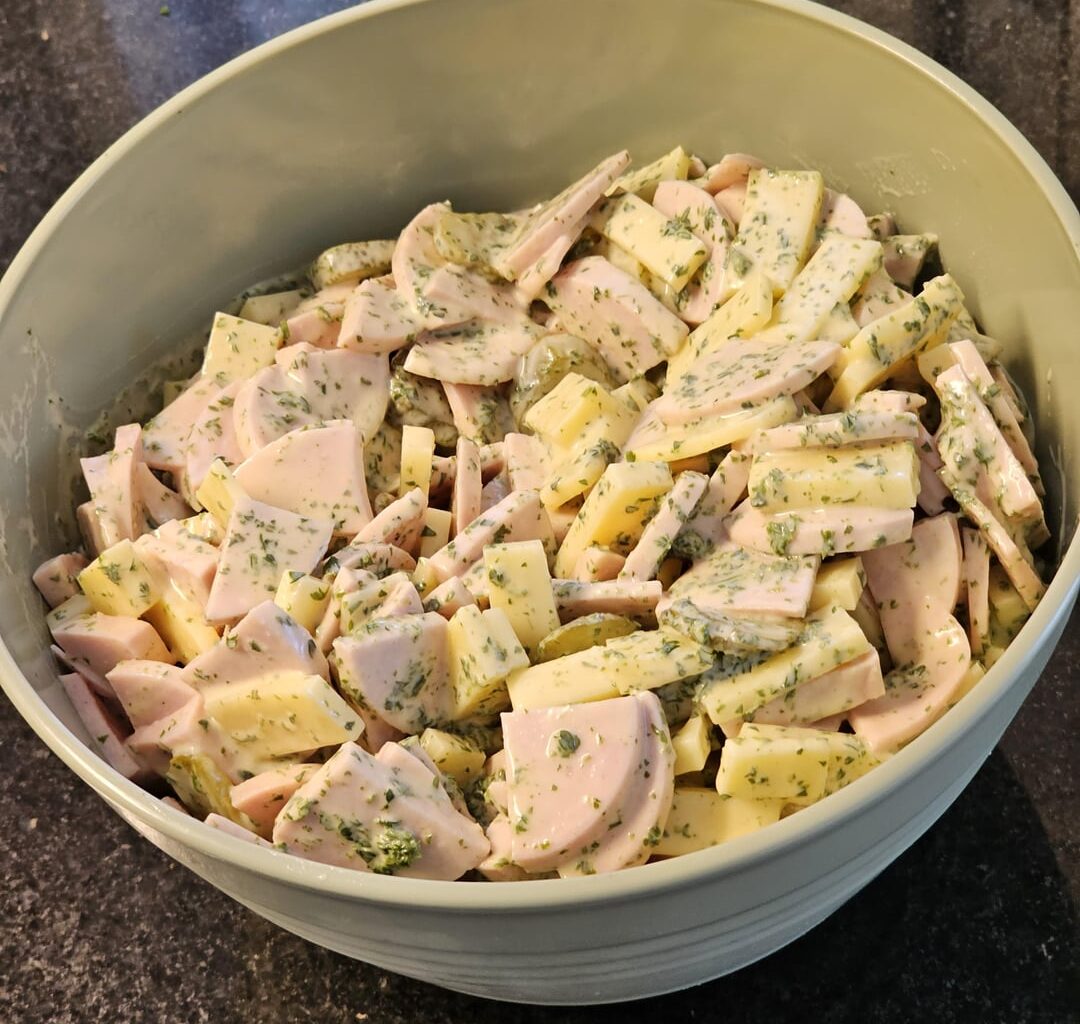A typical Swiss Wurscht-Chääs-Saloot (sausage and cheese salad) when it's 32°C