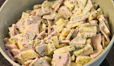 A typical Swiss Wurscht-Chääs-Saloot (sausage and cheese salad) when it's 32°C