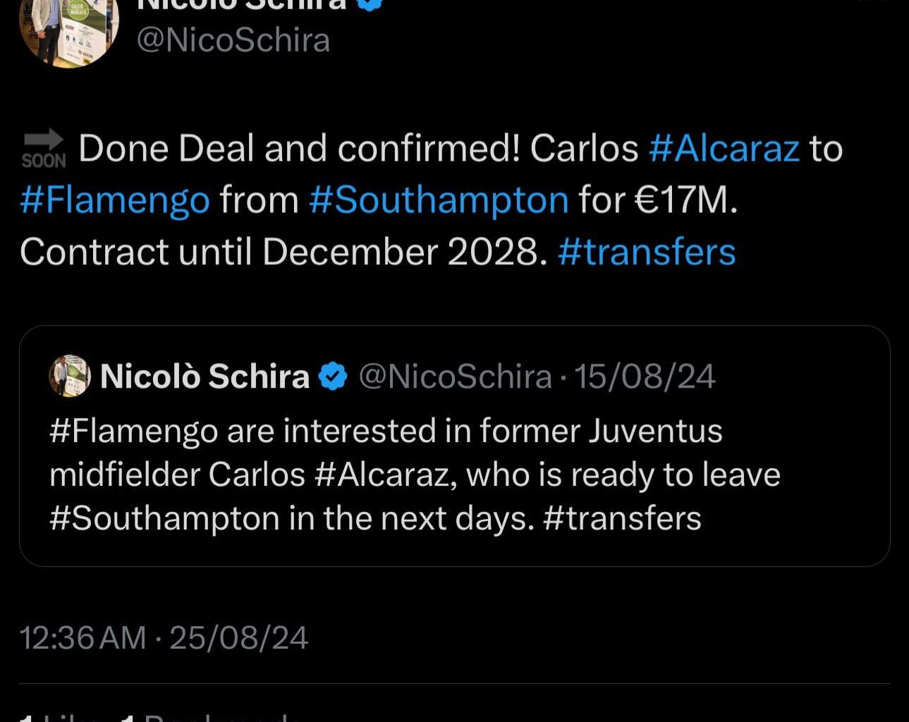 You guys remember Carlos Alcaraz? He just got bought for 17M by Flamengo.