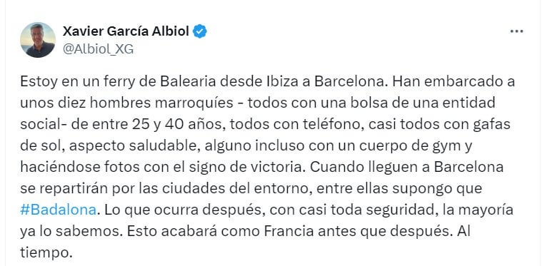 El mensaje xenófobo de García Albiol, alcalde de Badalona, sobre migrantes en un ferry en Ibiza enciende la polémica