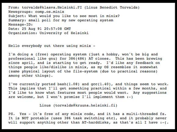 Today in 1991, 21-year-old Linus Torvalds introduces Linux in an online post