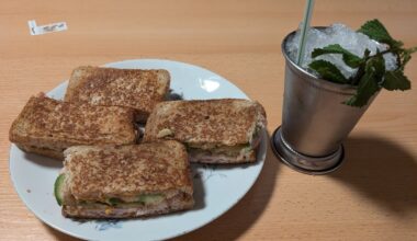 Homemade turkey ham and avocado sandwiches.