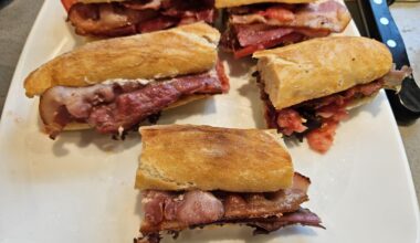 BLT with homegrown tomatoes and lettuce, homemade baguettes, Norwegian bacon from the store...