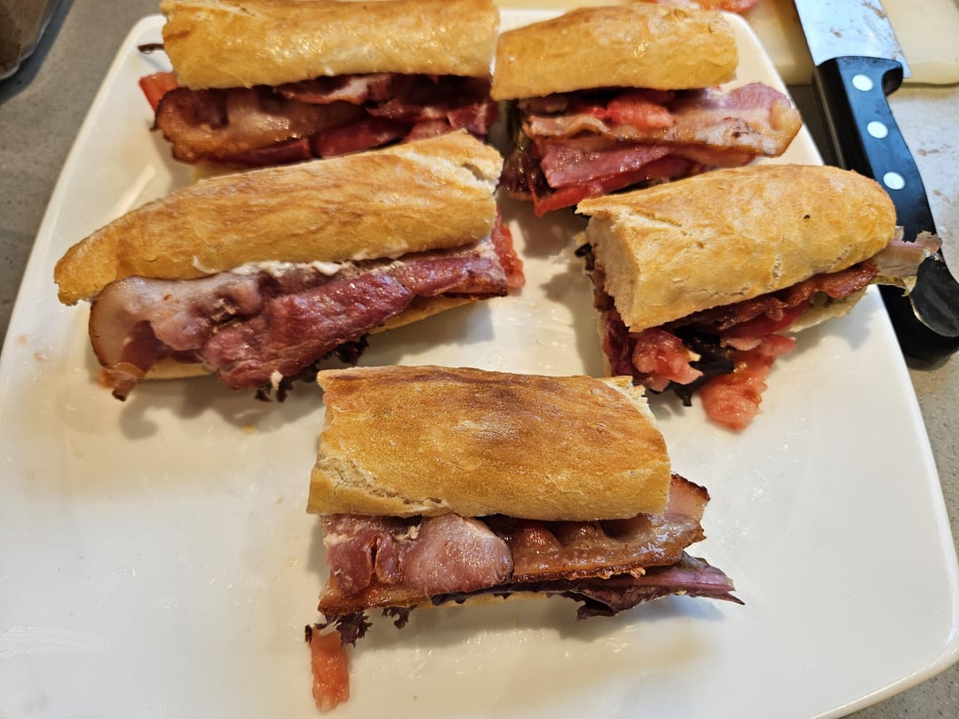 BLT with homegrown tomatoes and lettuce, homemade baguettes, Norwegian bacon from the store...