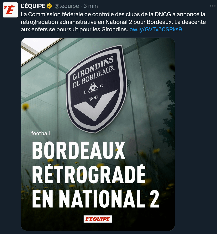 Bordeaux rétrogradé en National 2 par la Commission fédérale de contrôle des clubs de la DNCG [L’Équipe]