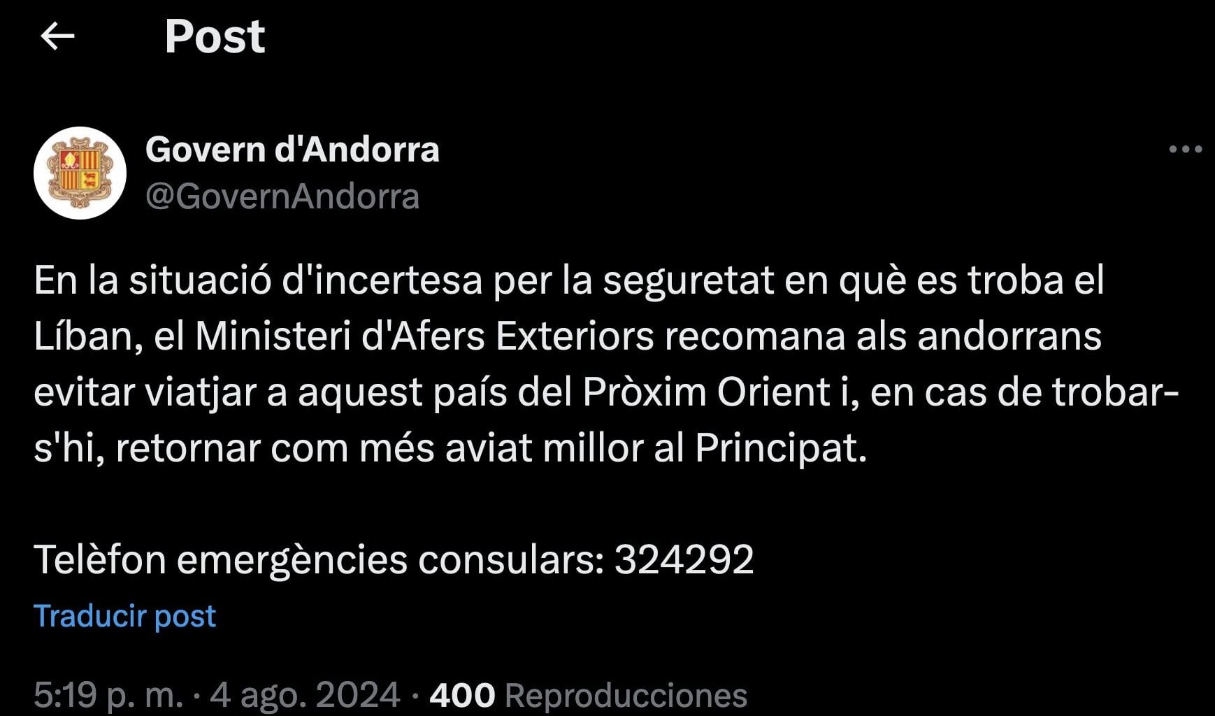 Exteriors insta els andorrans a no viatjar al Líban pel risc de guerra i a retornar ràpidament els que hi siguin