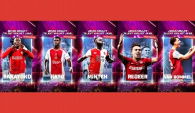 The 5 nominees for Eredivisie Talent of the Year: Hato (Ajax), Bakayoko (PSV), Van Bommel (AZ), Minteh (Feyenoord), Regeer (FC Twente)