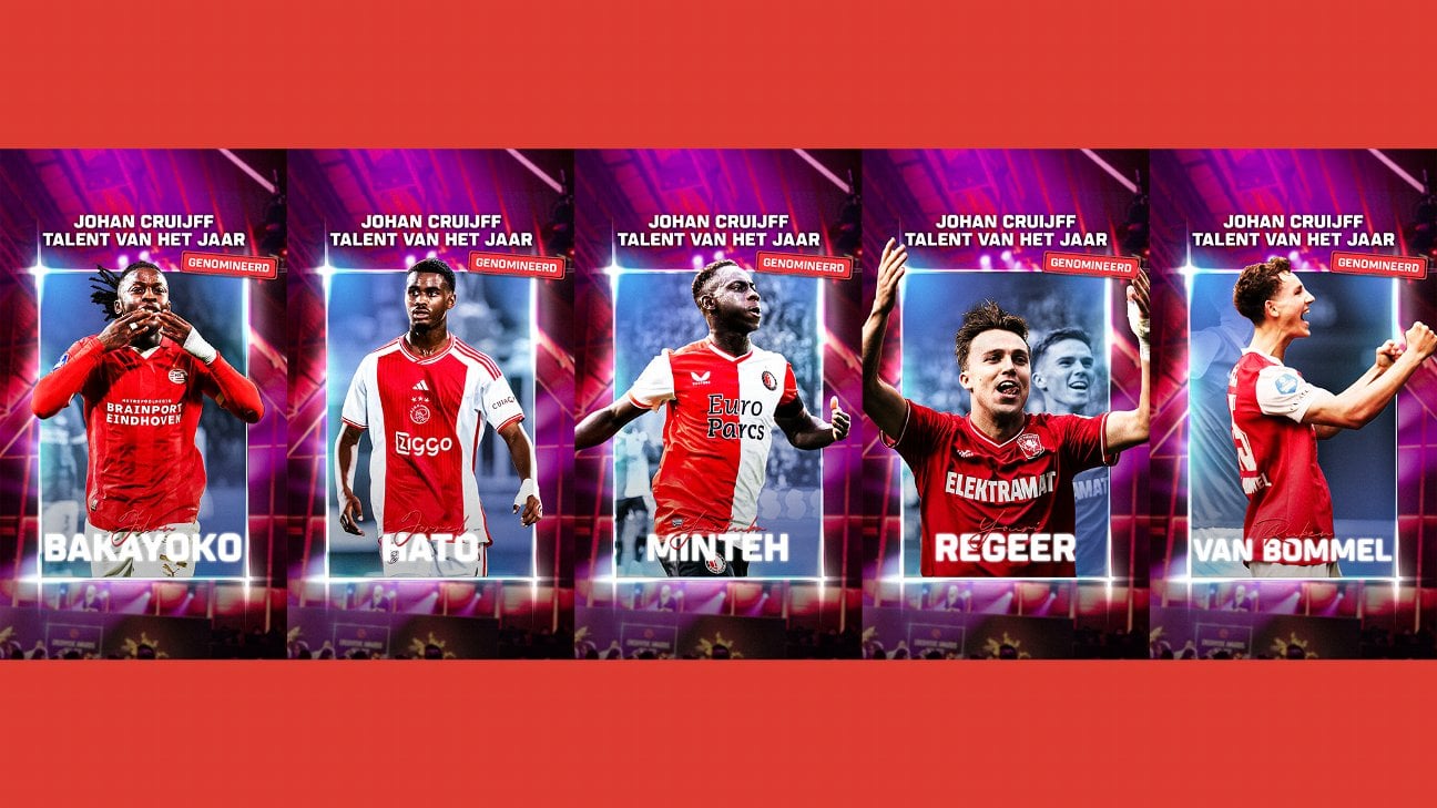 The 5 nominees for Eredivisie Talent of the Year: Hato (Ajax), Bakayoko (PSV), Van Bommel (AZ), Minteh (Feyenoord), Regeer (FC Twente)