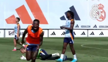 Vinicius Jr and Kylian Mbappe celebrating the winning goal in training!