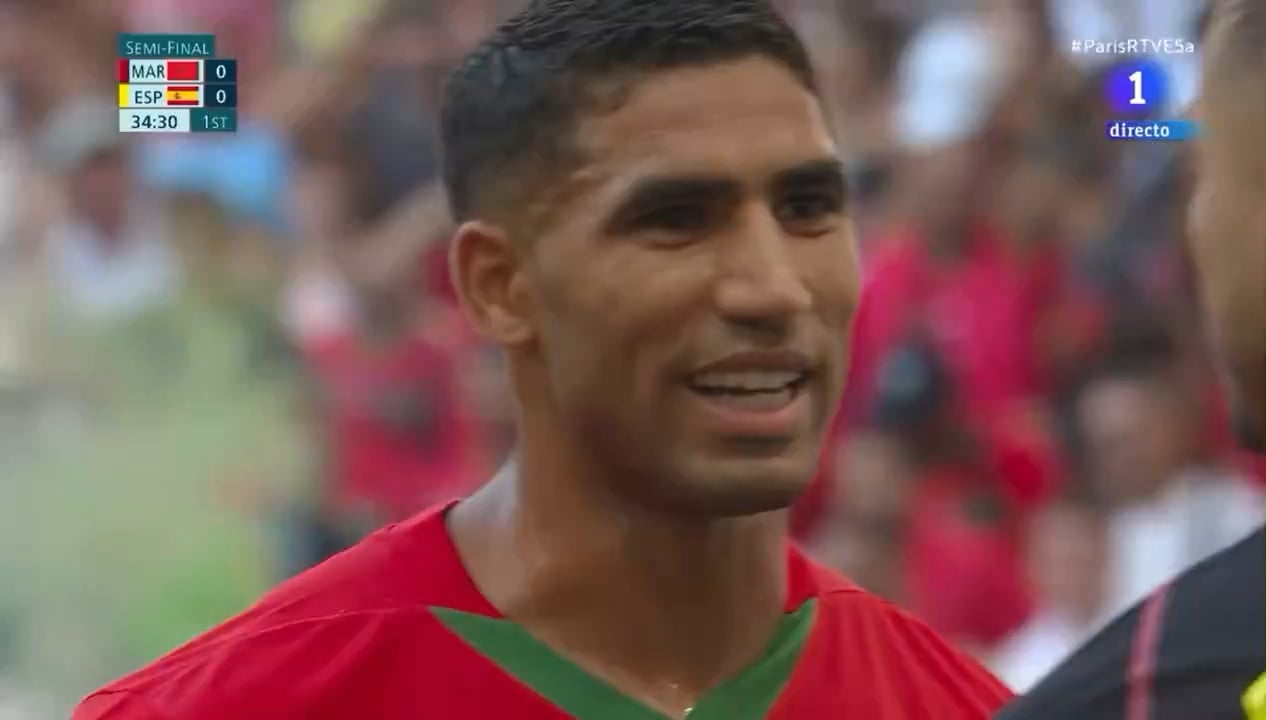 Hakimi vs Tenas before a penalty for Morocco, Paris Olympic Games 2024 Semi-Final