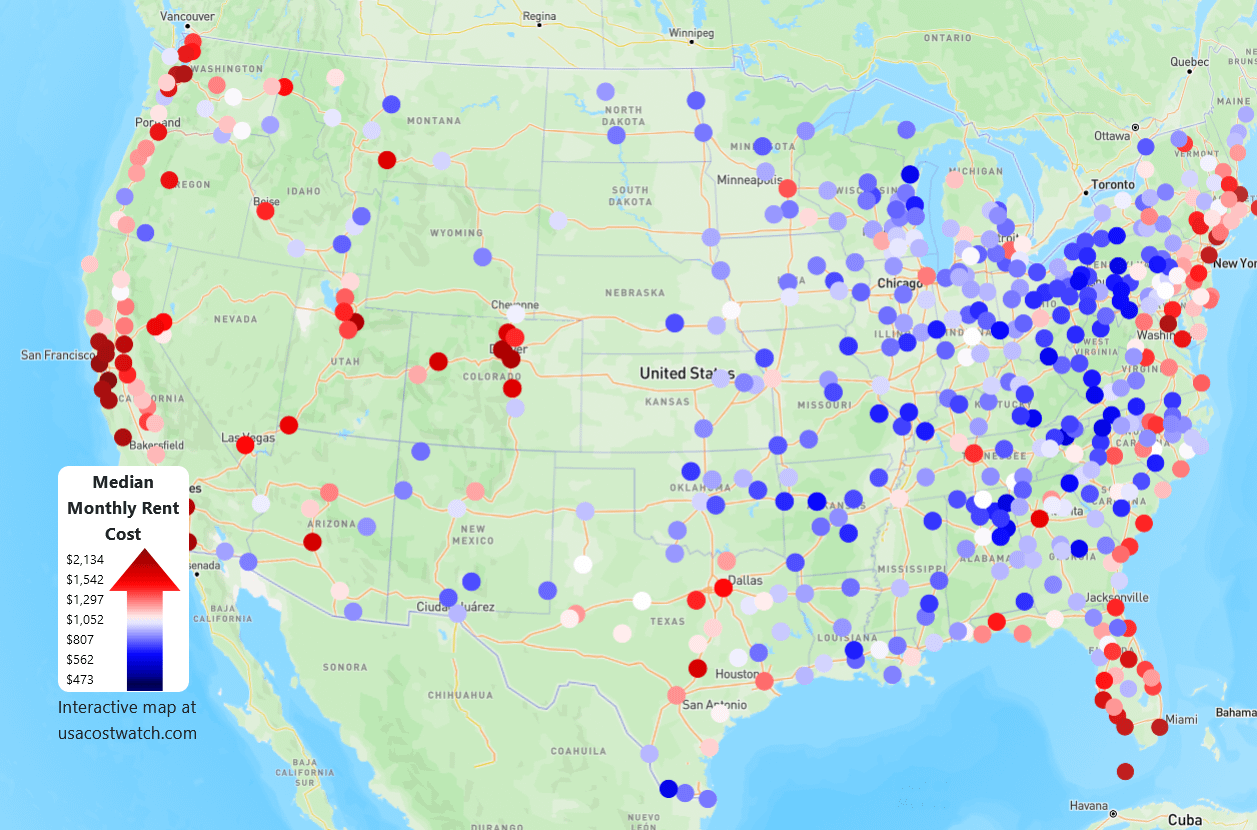 [OC] 2023 Median Monthly Rent across USA Metropolitan and Micropolitan Areas