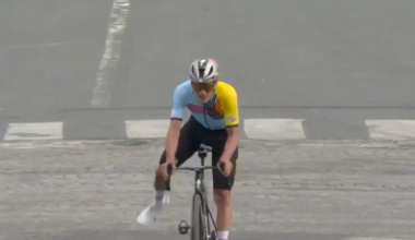 Belgian cyclist Remco Evenpoel hits the Jude Bellingham celebration after coming first in his road race