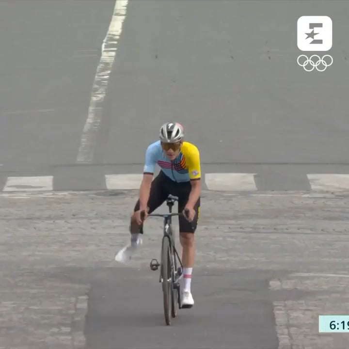 Belgian cyclist Remco Evenpoel hits the Jude Bellingham celebration after coming first in his road race