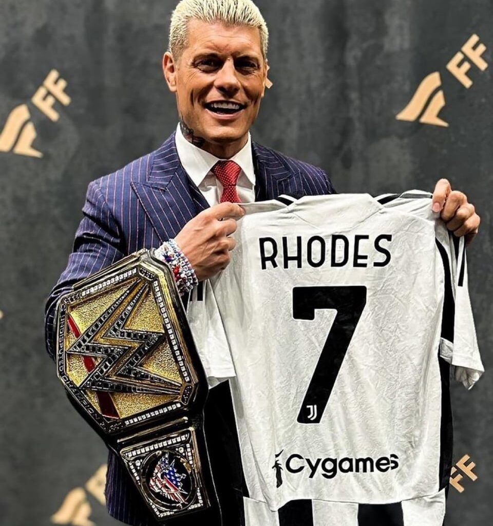 Cody Rhodes and Rhea Ripley with Juventus Kits today