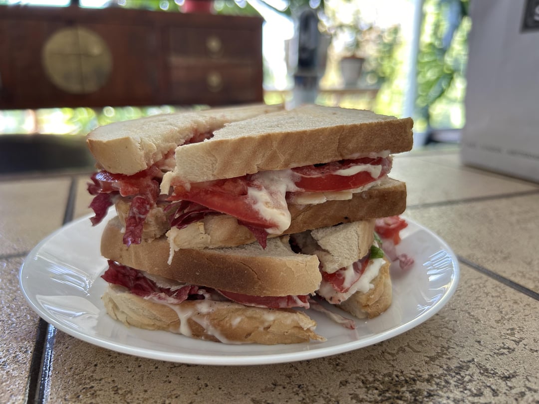 Tomato (Oxheart), Radicchio, Basil, Mozzarella and Parmesan Sandwich
