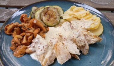 Chicken breast with a whole-grain mustard sauce, chanterelles, grilled zucchini, potato gratin (plating advice appreciated)
