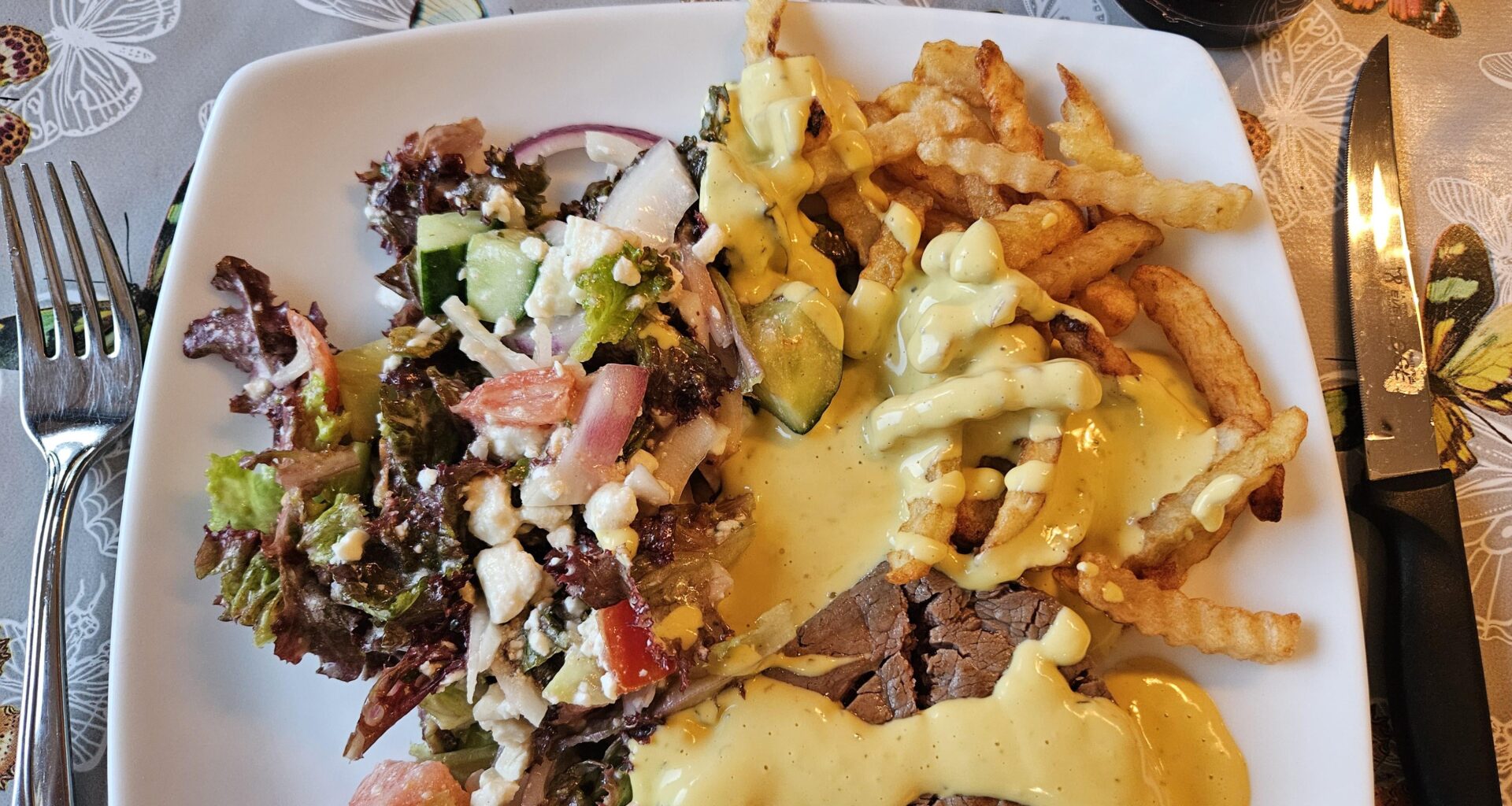 Home from business trip dinner... filet mignon + frites + bearnaise, salad including tomatoes and lettuce from the garden...