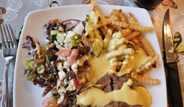 Home from business trip dinner... filet mignon + frites + bearnaise, salad including tomatoes and lettuce from the garden...
