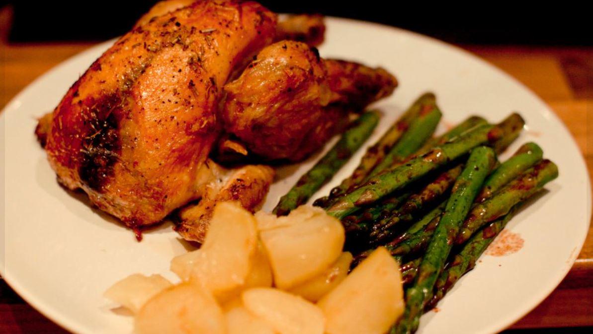 Roast poussin with balsamic asparagus