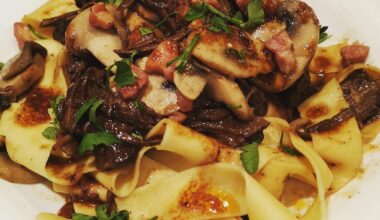 slow-cooked beef short ribs with mushroom and pancetta and red wine sauce