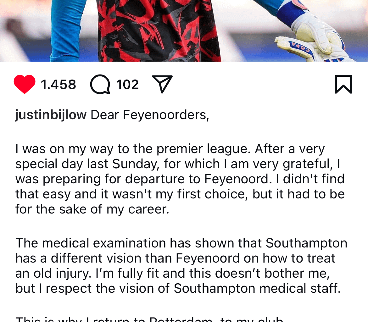 Justin Bijlow has failed his Southampton medical and will stay at Feyenoord