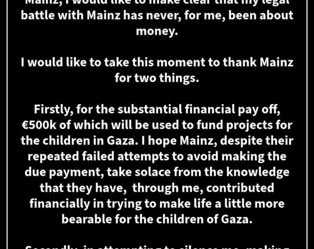 El Ghazi’s statement on Twitter regarding the legal battle with Mainz