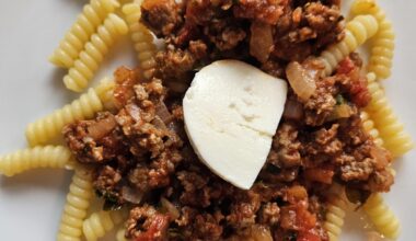 Pasta with a sauce made of veal mince, onions, garlic, homegrown basil and oregano, and homegrown tomatoes
