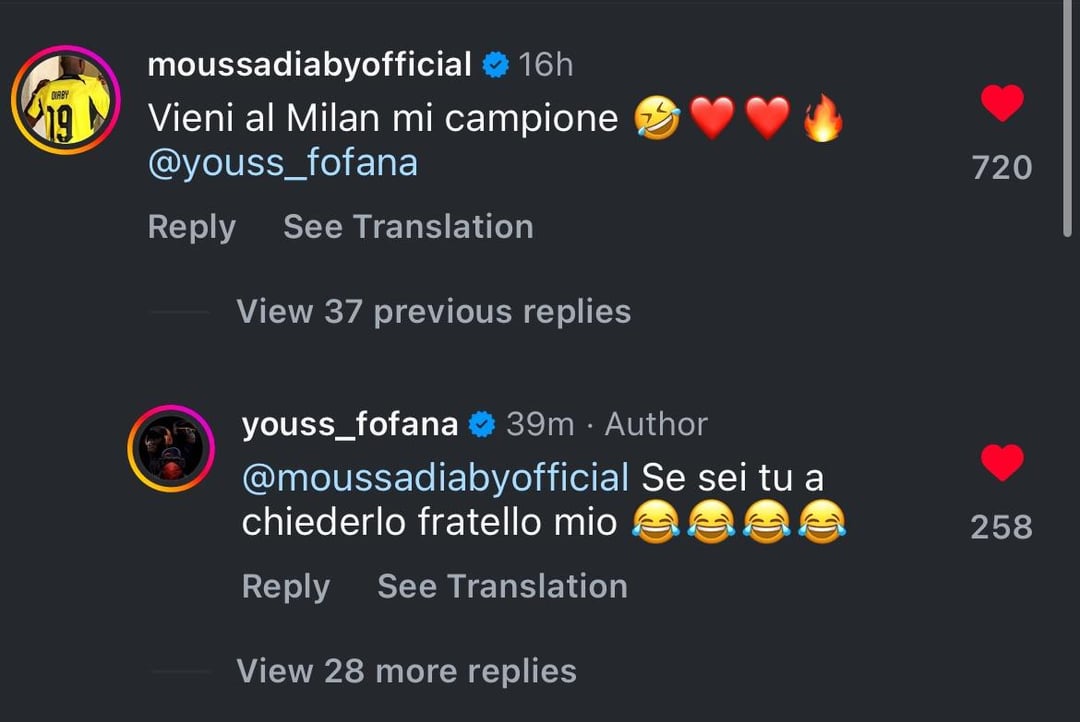 Diaby mocking a fan from the comments telling Fofana to join Milan