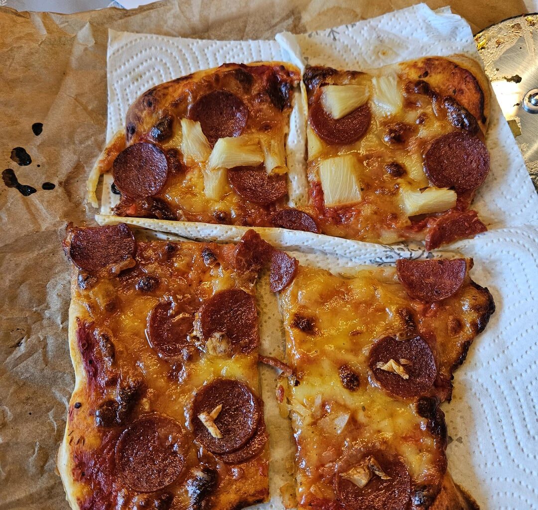 Last day of summer break means sourdough pizzas, with lots left for tomorrow's lunchboxes. Youngest kiddo wanted pineapple; please don't judge
