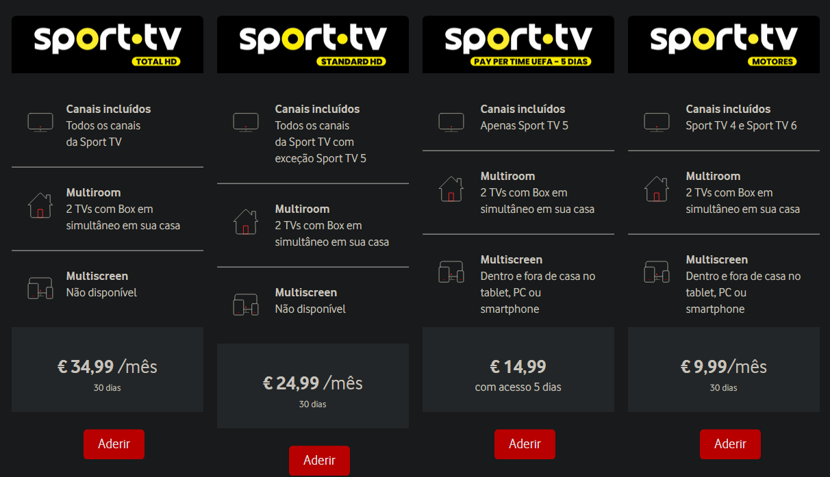 Nota importante: Para ver os jogos dos clubes portugueses nas provas europeias na SPORT TV, agora é obrigatório a subscrição do Multiscreen. Os pacotes anteriores irão perder o acesso ao canal 5.