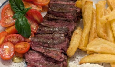Skirt Steak, Homemade french fries, Tzatziki, Cherry tomatoes