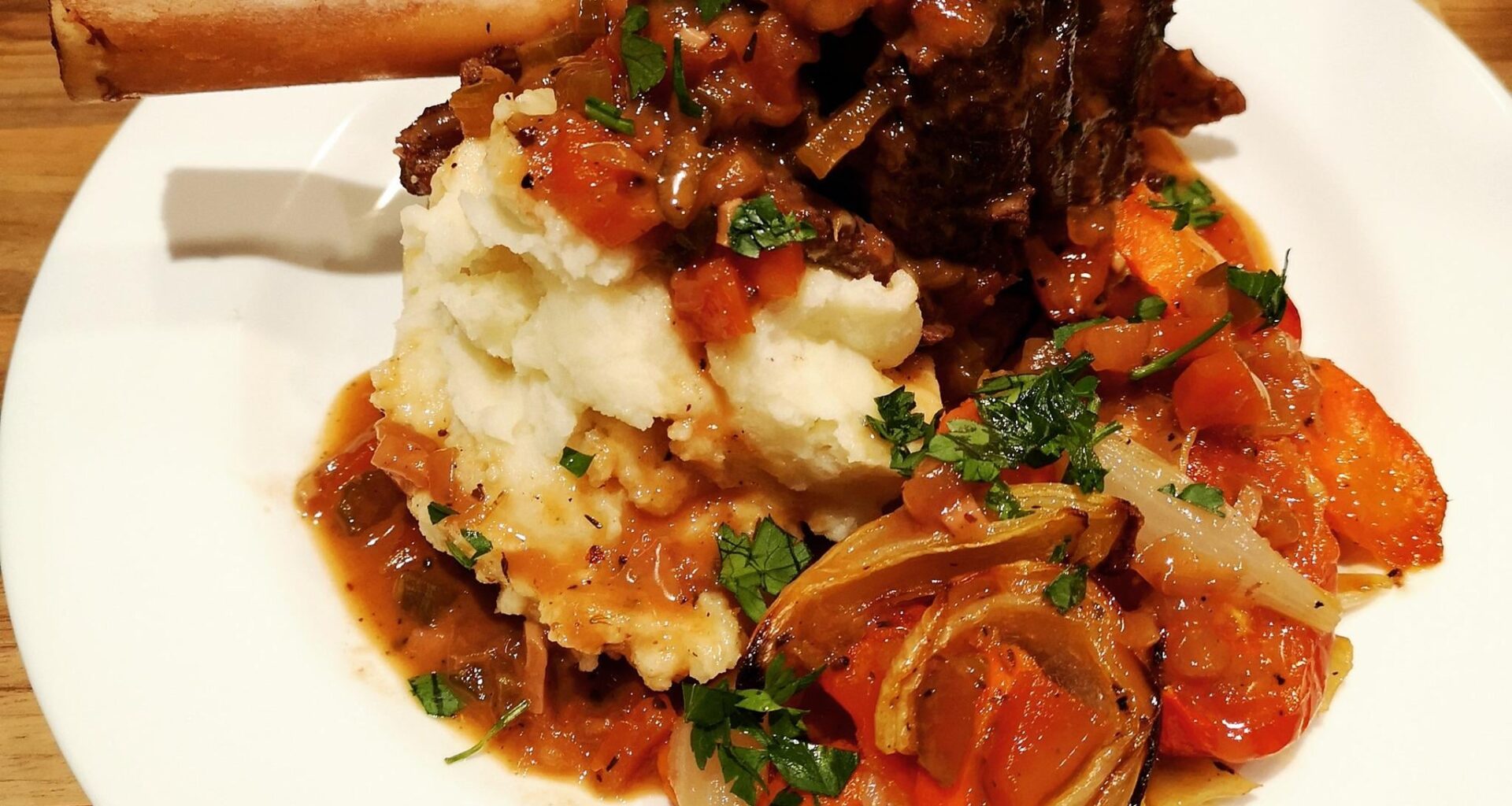 Braised Lamb Shanks with smooth mash and roasted veg (homemade)
