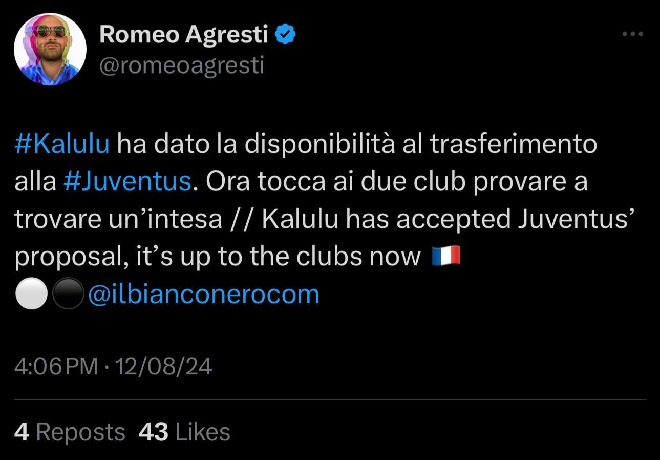 [Romeo Agresti] Kalulu has accepted Juventus’ proposal, it’s up to the clubs now 🇫🇷⚪️⚫️@ilbianconerocom