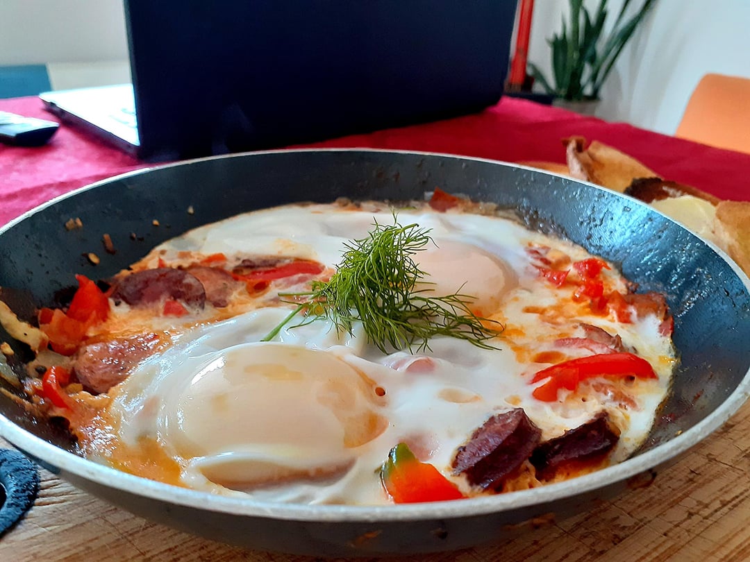 Shakshuka Variation with Polish Sausage and Peppers
