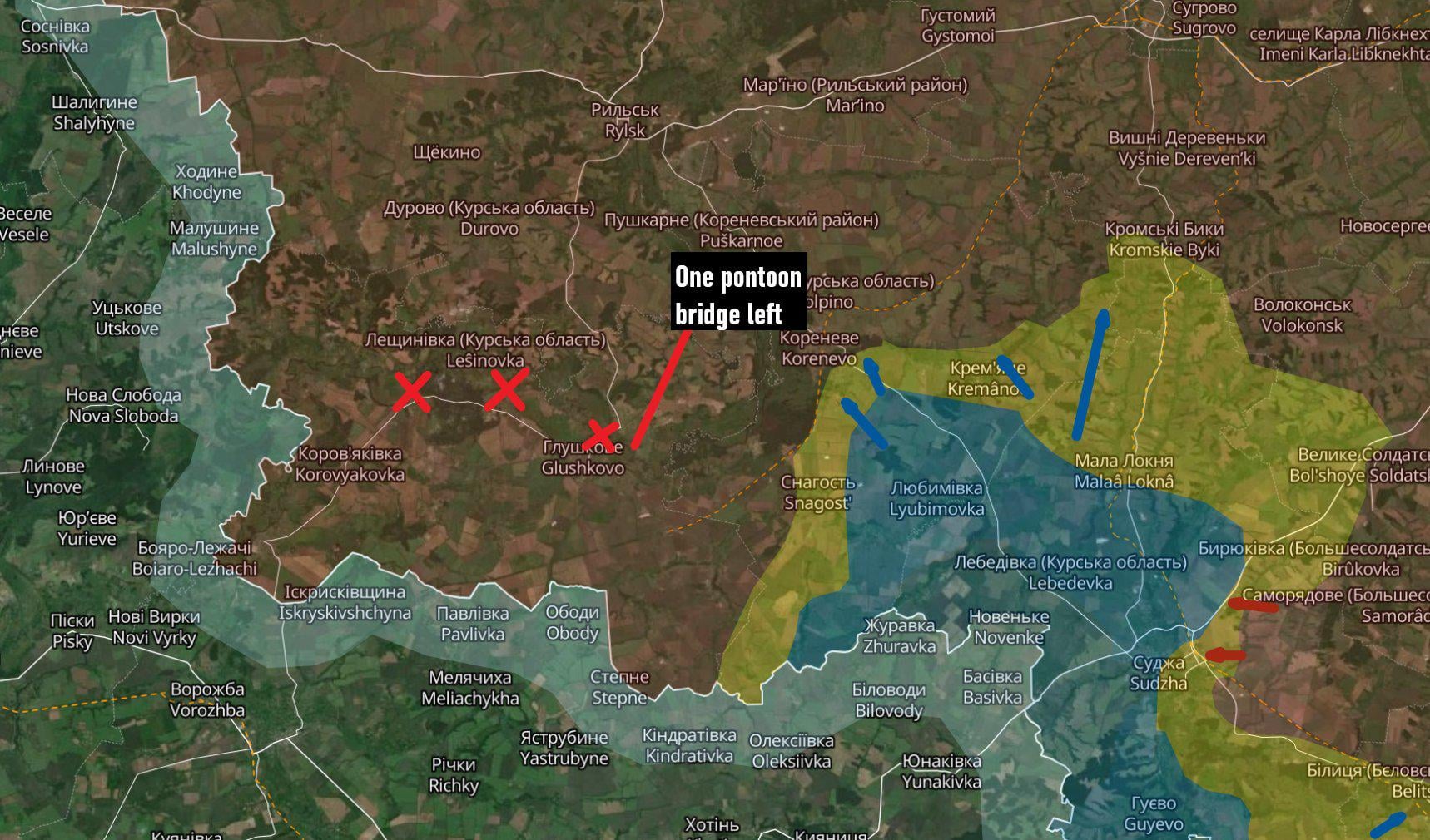 Russian channels report that Ukrainian forces destroyed the third and final pre-war bridge over the Seym River at Karyzh, Kursk Oblast. Russian forces south of the river now only have one pontoon bridge left.
