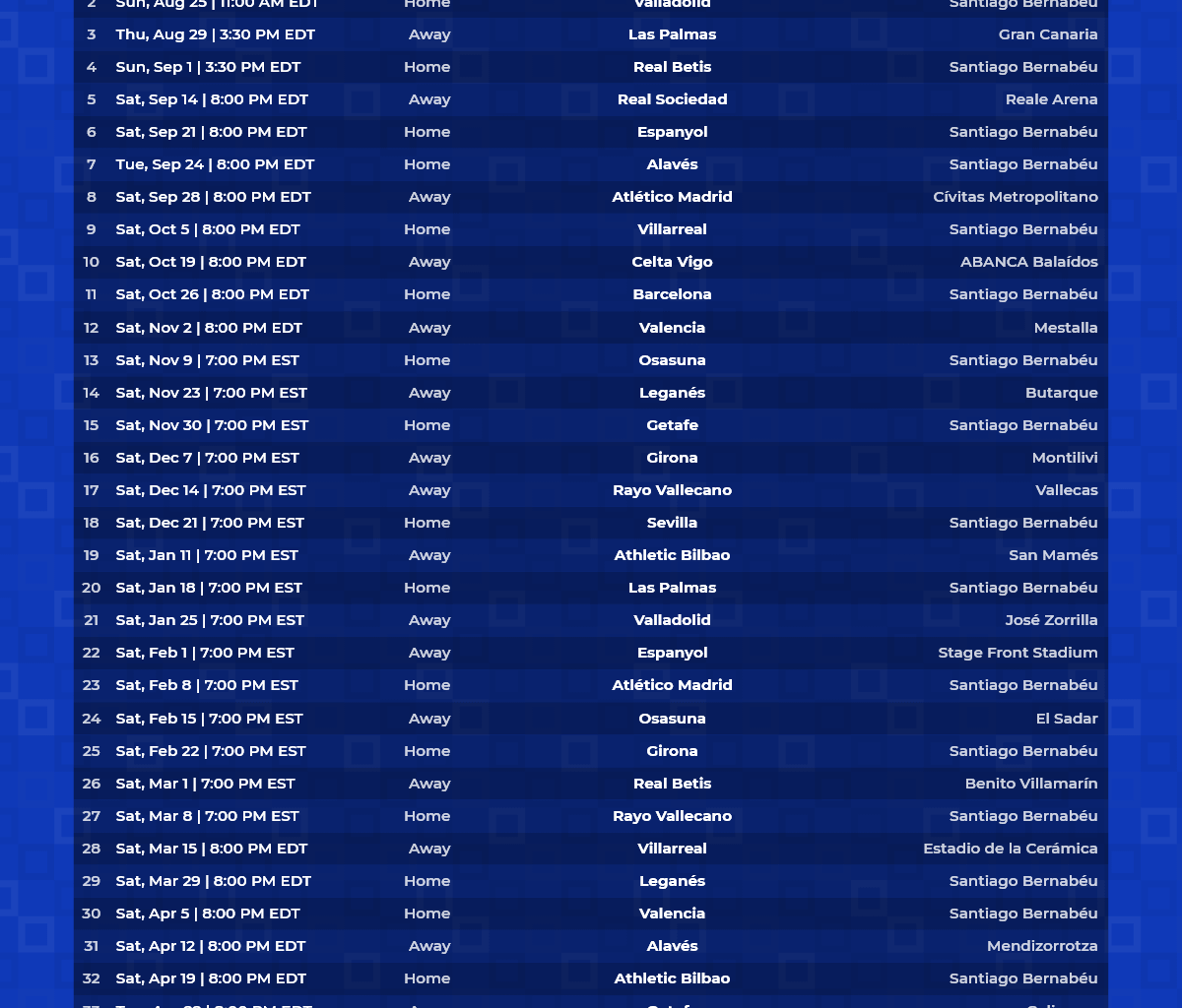 Customize and download the La Liga 2024/25 schedule poster for Read Madrid - soccer-fixtures.com