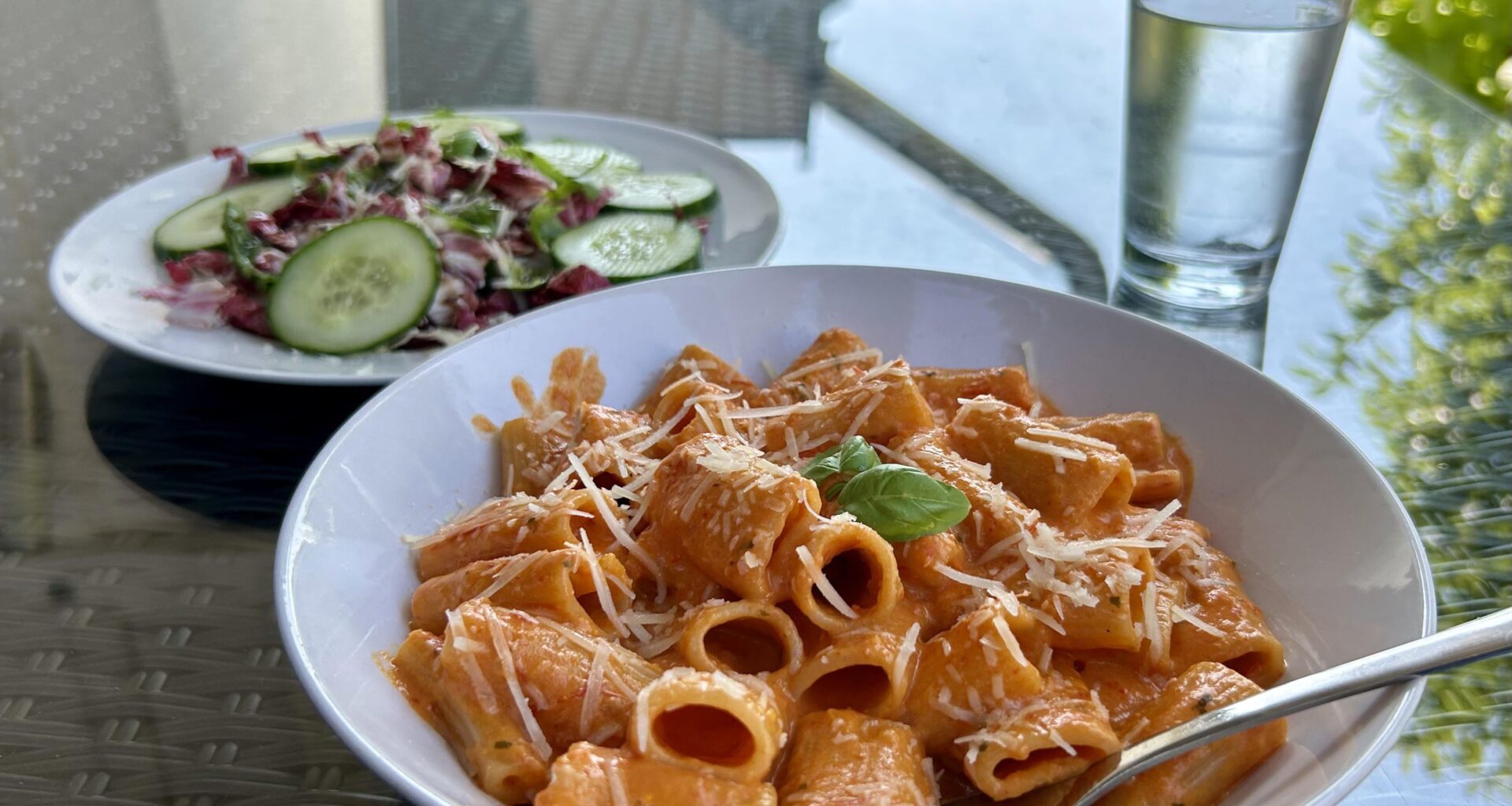 Creamy Tomato & Paprika Pasta, Radicchio, Basil & Cucumber Salad